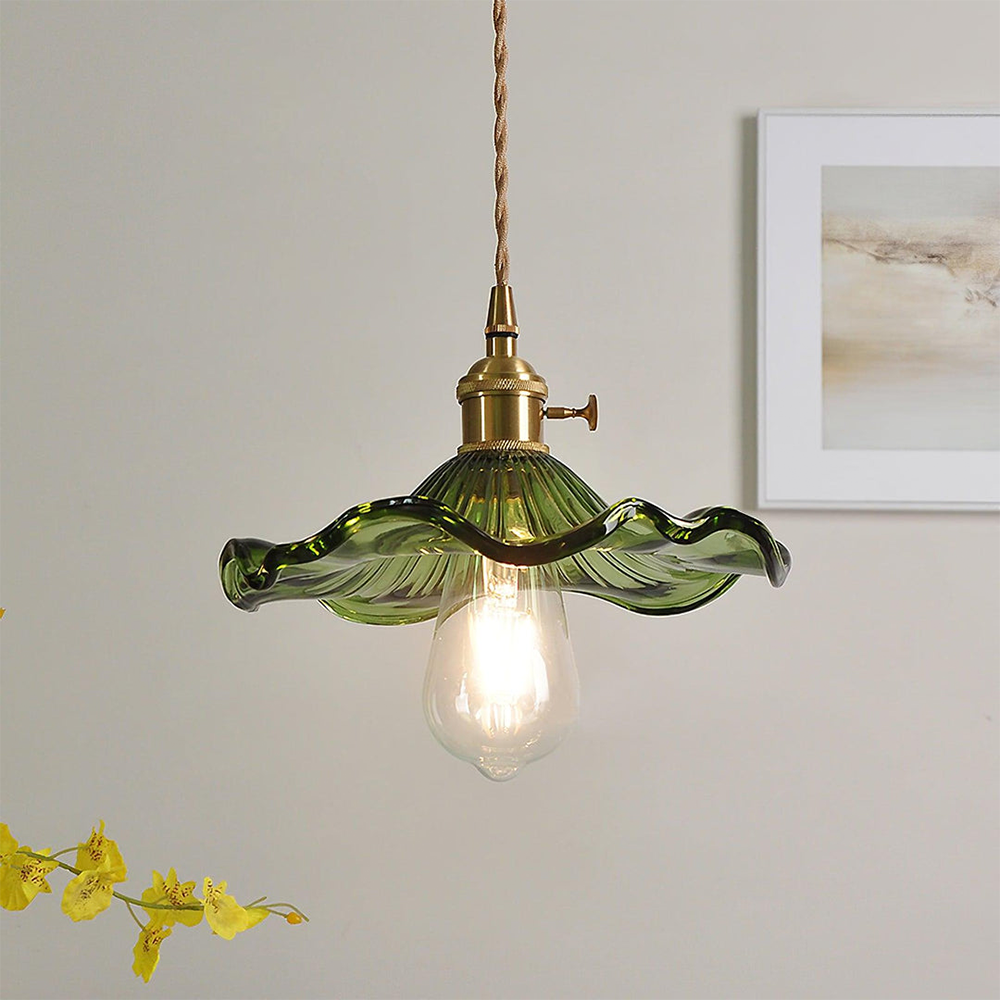 Vintage Glass Pendant Light Retro Ceiling Lamp Brass Finish Green Shade — Main Image